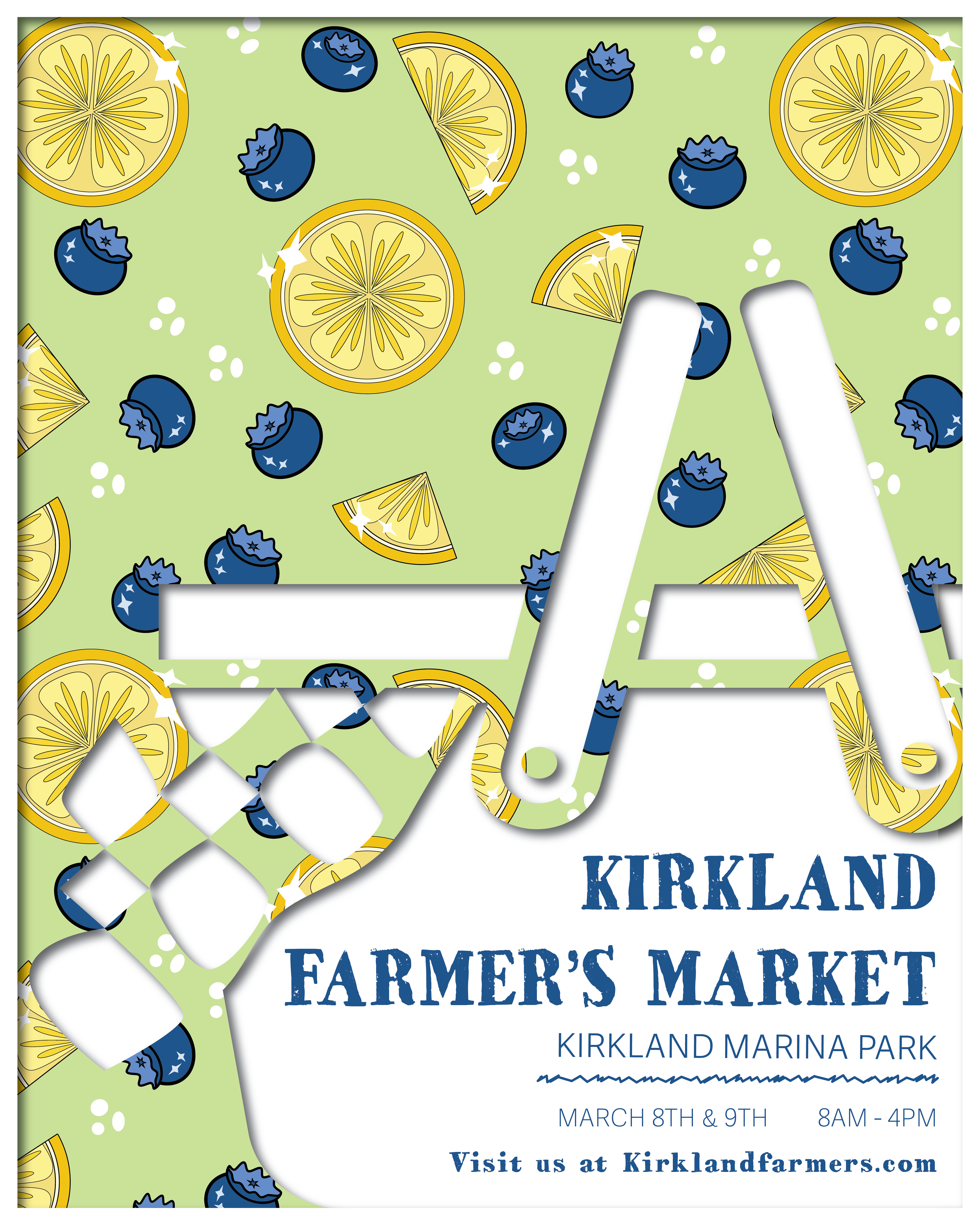 Farmers market poster with a bright repeating pattern of lemons and blueberries.